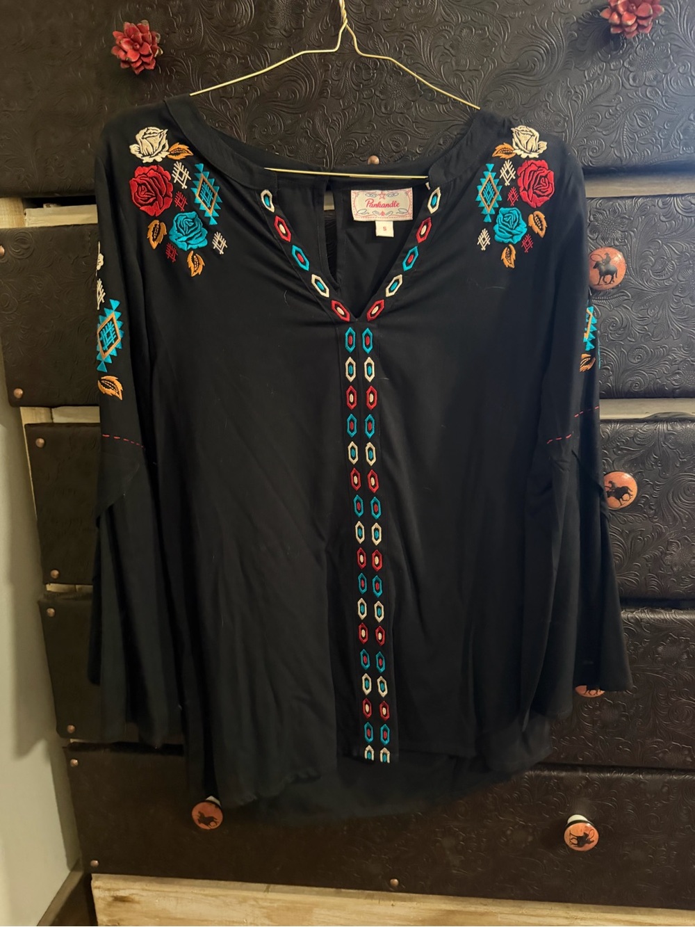 Panhandle Slim Black Tunic with Colorful Embroidered Florals